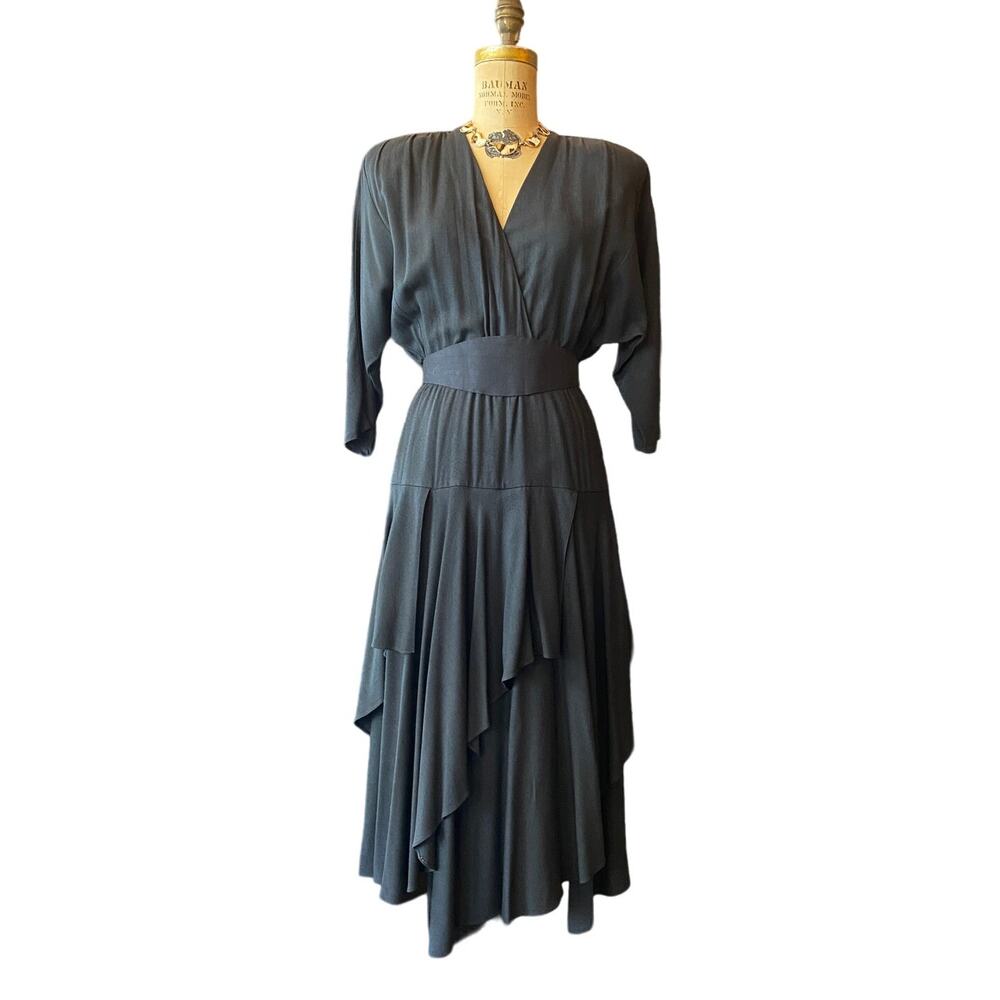 vtg 1980s black rayon dress with batwing sleeves and asymmetrical, 80s does 40s